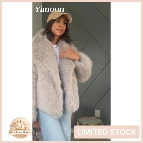 Faux Fur Coat Lapel Open Front Fluffy Shaggy Jacket Winter Warm Overcoat - Picture 8 of 8